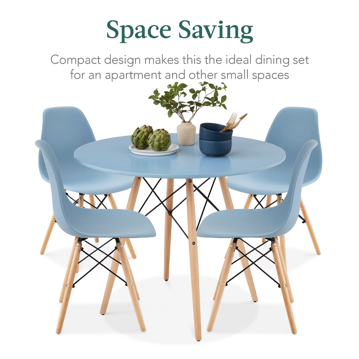Dining Set – Culinvaro 5-Piece Compact Mid-Century Modern Dining Set w/ 4 Chairs" Blue/Oak