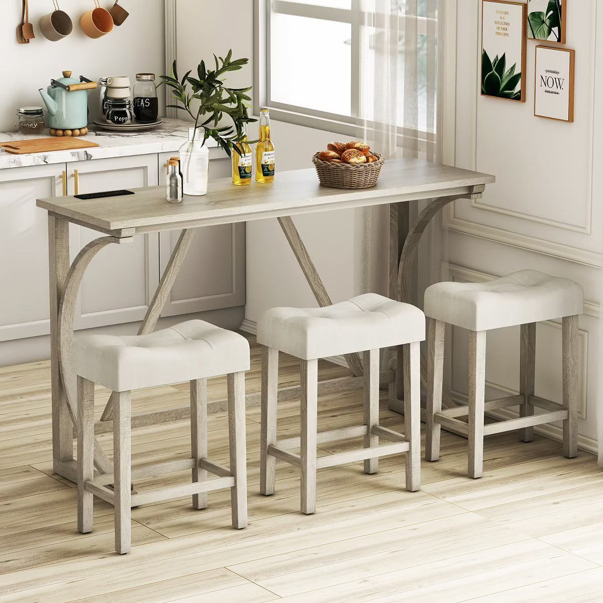 4-Piece Bar Table Set w/ Power Outlet Counter Height Bistro Table and Stools