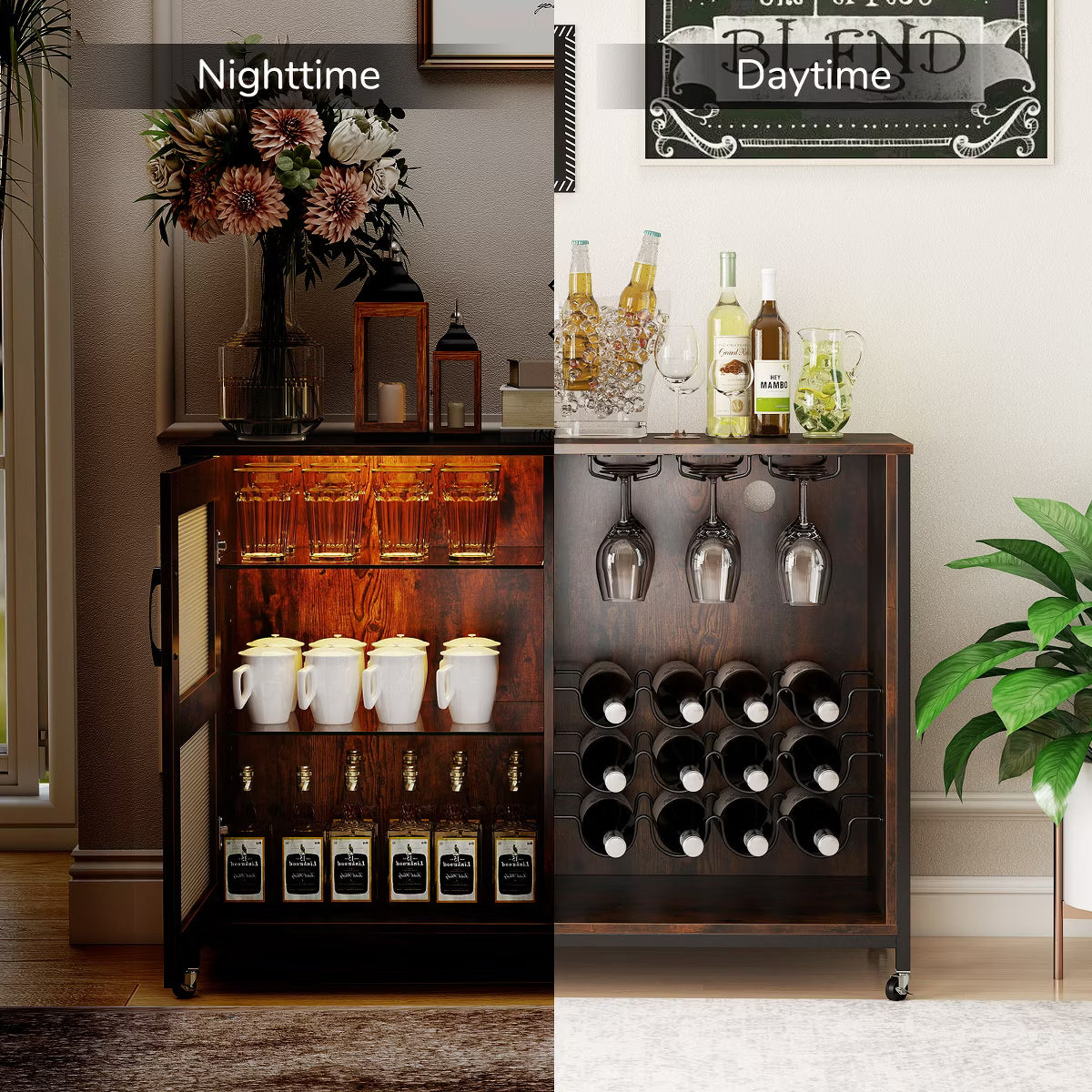 Bar Cabinet – Culinvaro Bar Cabinet w/ Wheels LED Lights Storage Shelves Glass Holders Drinks Racks