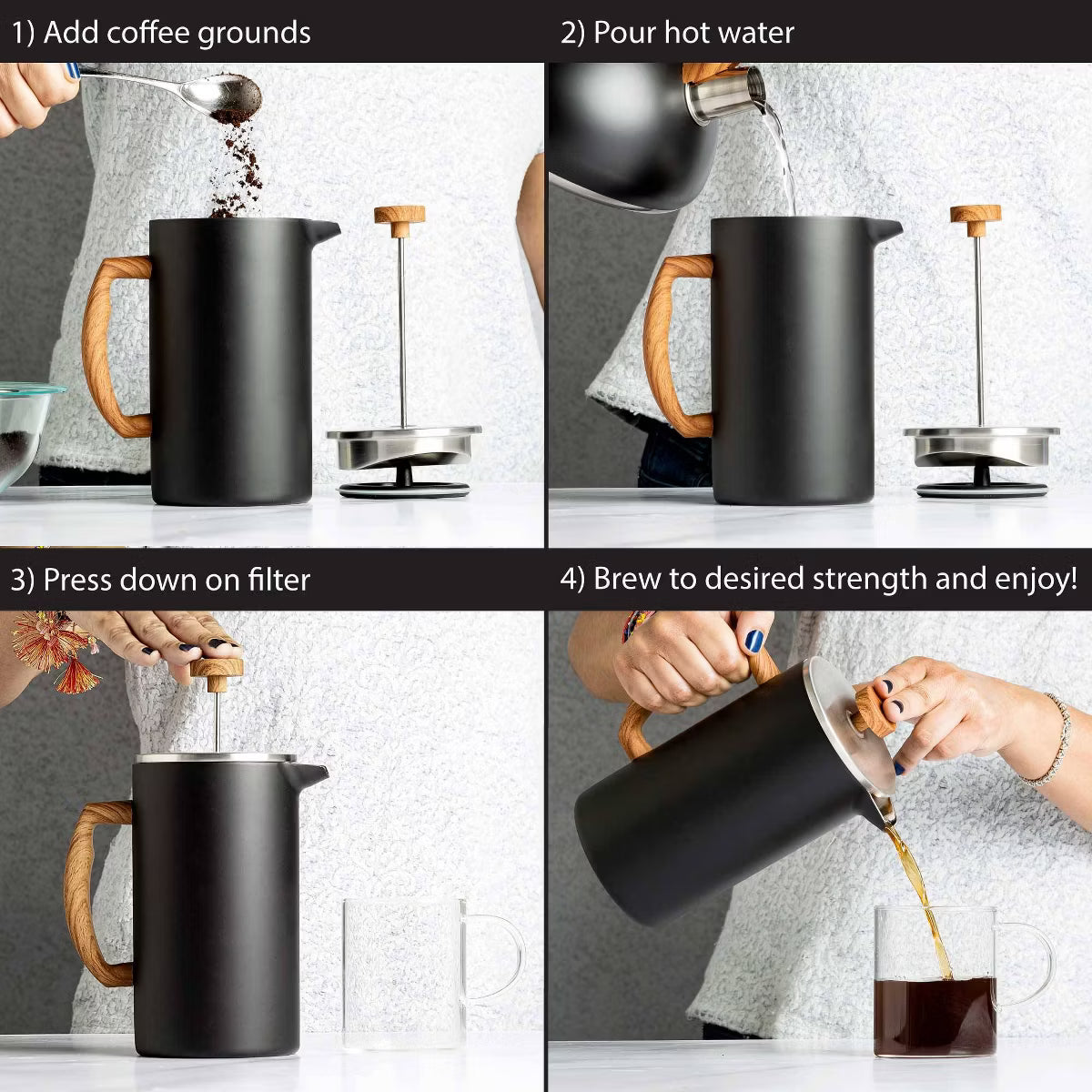 8 Cup Double Wall Stainless Steel Coffee Press Matte Black