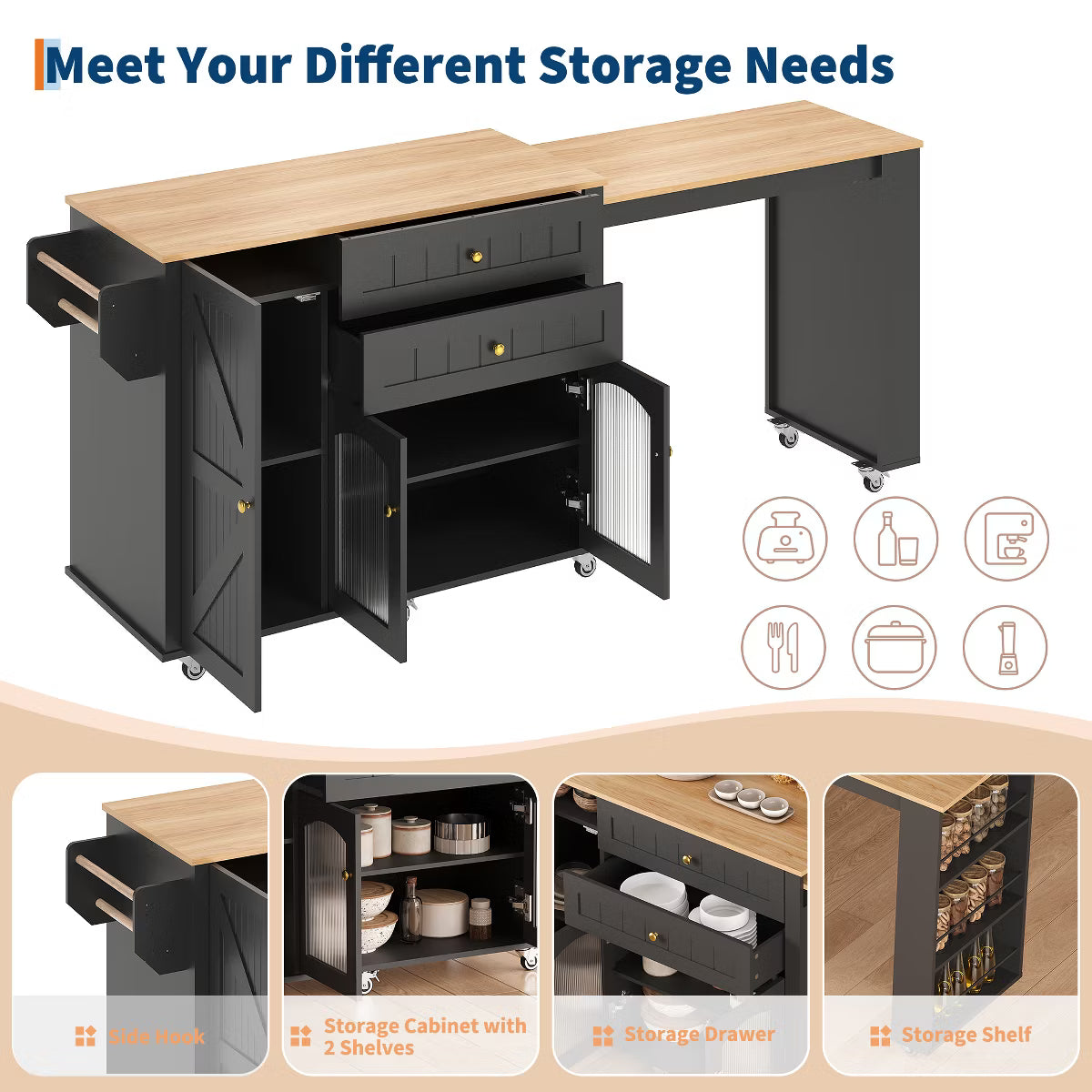 78.3” Rolling Kitchen Island with Extendable Table,