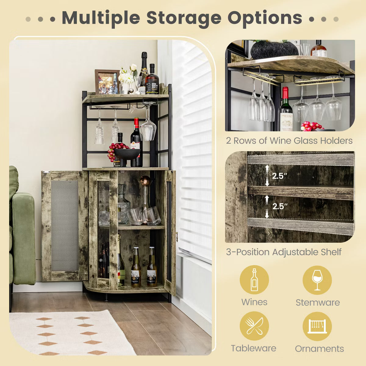 Bar Cabinet – Culinvaro Corner Bar Cabinet Industrial Liquor Wine Cabinet with Glass Holder & Mesh Doors
