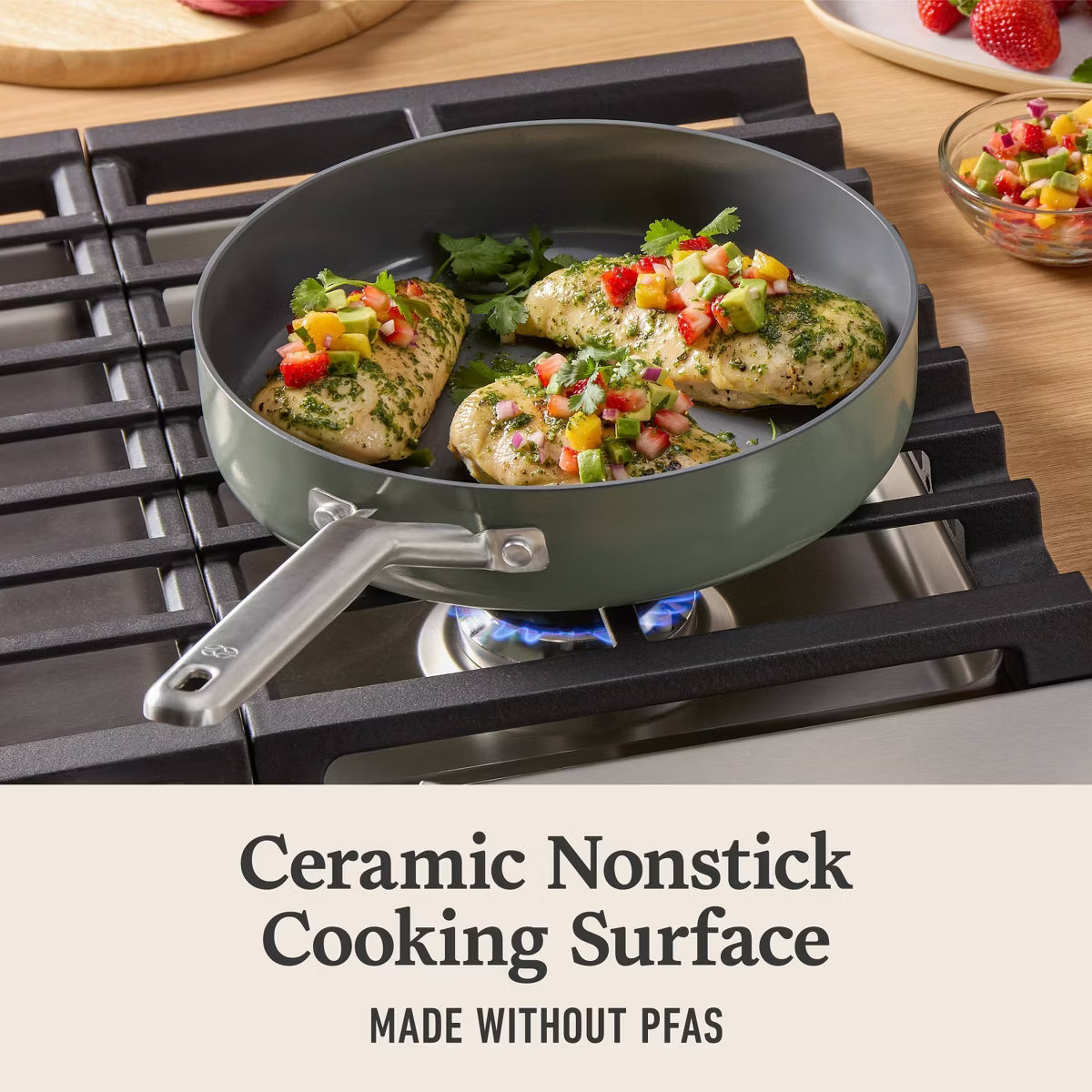 Saute Pan – 3qt Ceramic Saute with Lid Ash: Nonstick – Green
