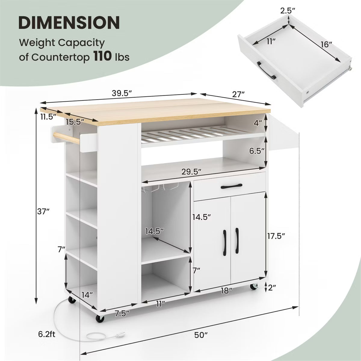 Kitchen Island – Culinvaro Leaf Kitchen Island Cart w/ Power Outlet Drinks Rack Glass Holder Drawer
