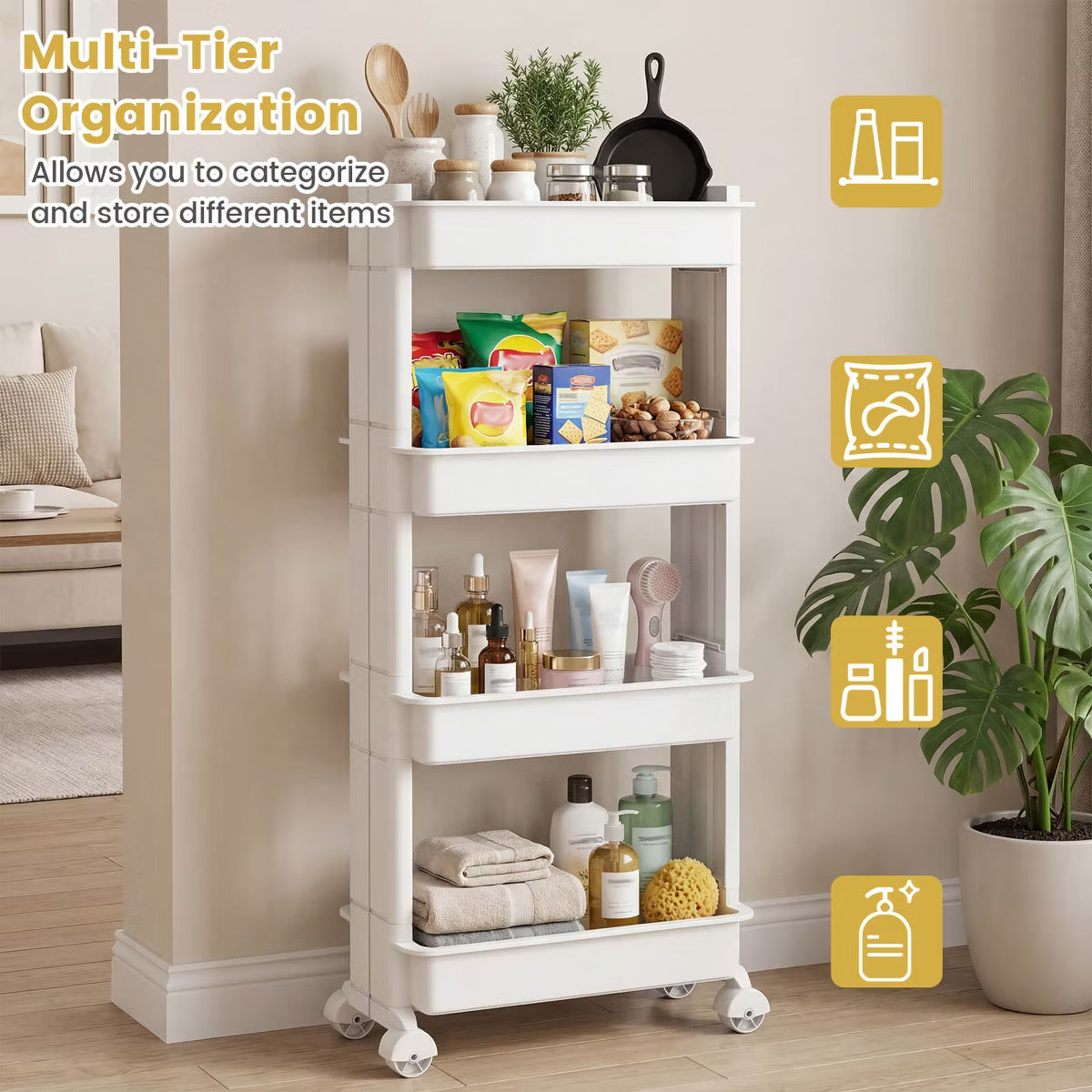 Utility Cart – Culinvaro 4-Tier Rolling Utility Cart with Detachable Trays and Smooth Wheels for Kitchen 15.5” × 9” × 40.5”(L × W × H)