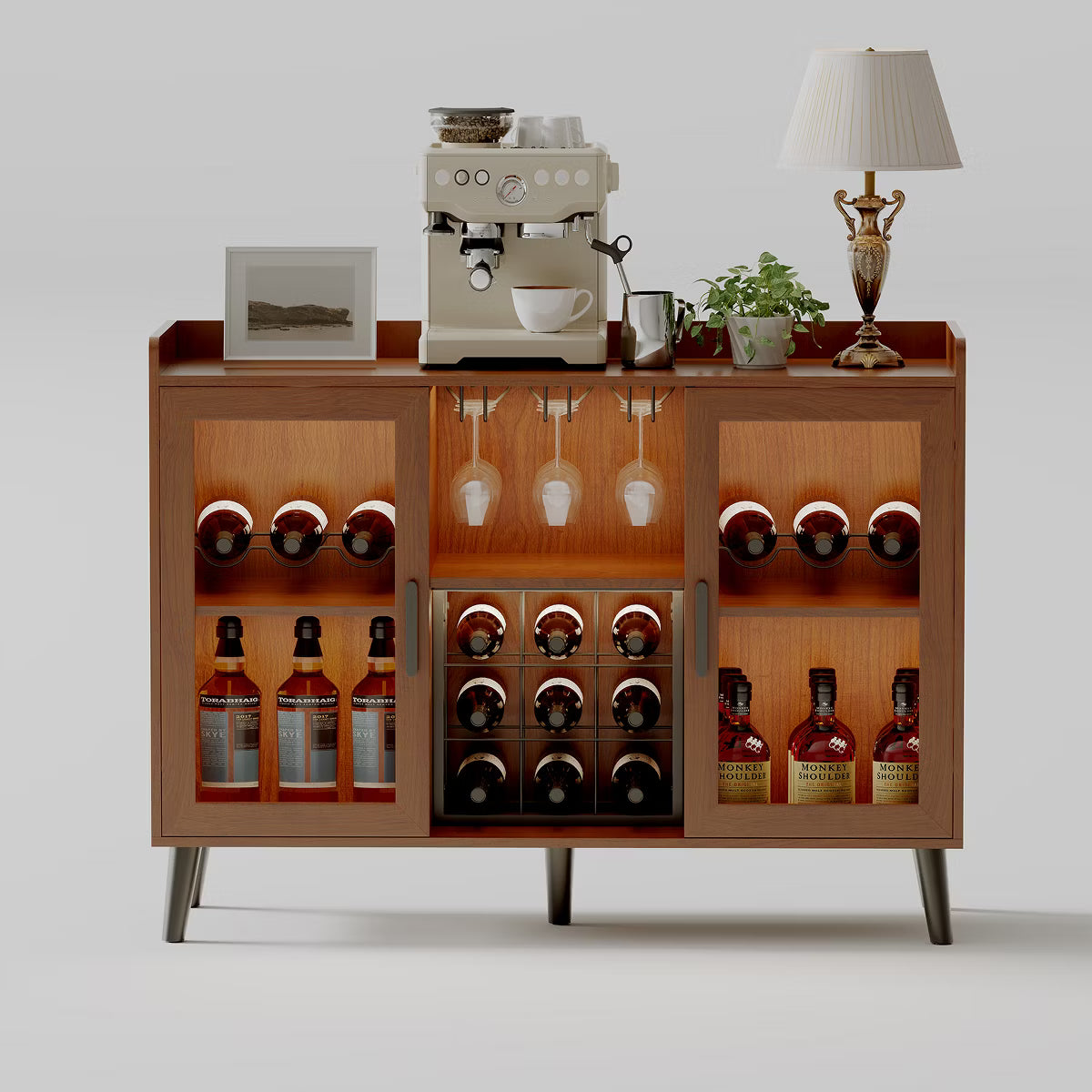 47" Coffee Bar Cabinet with Wine Rack, Wooden Sideboard Buffet Cabinet