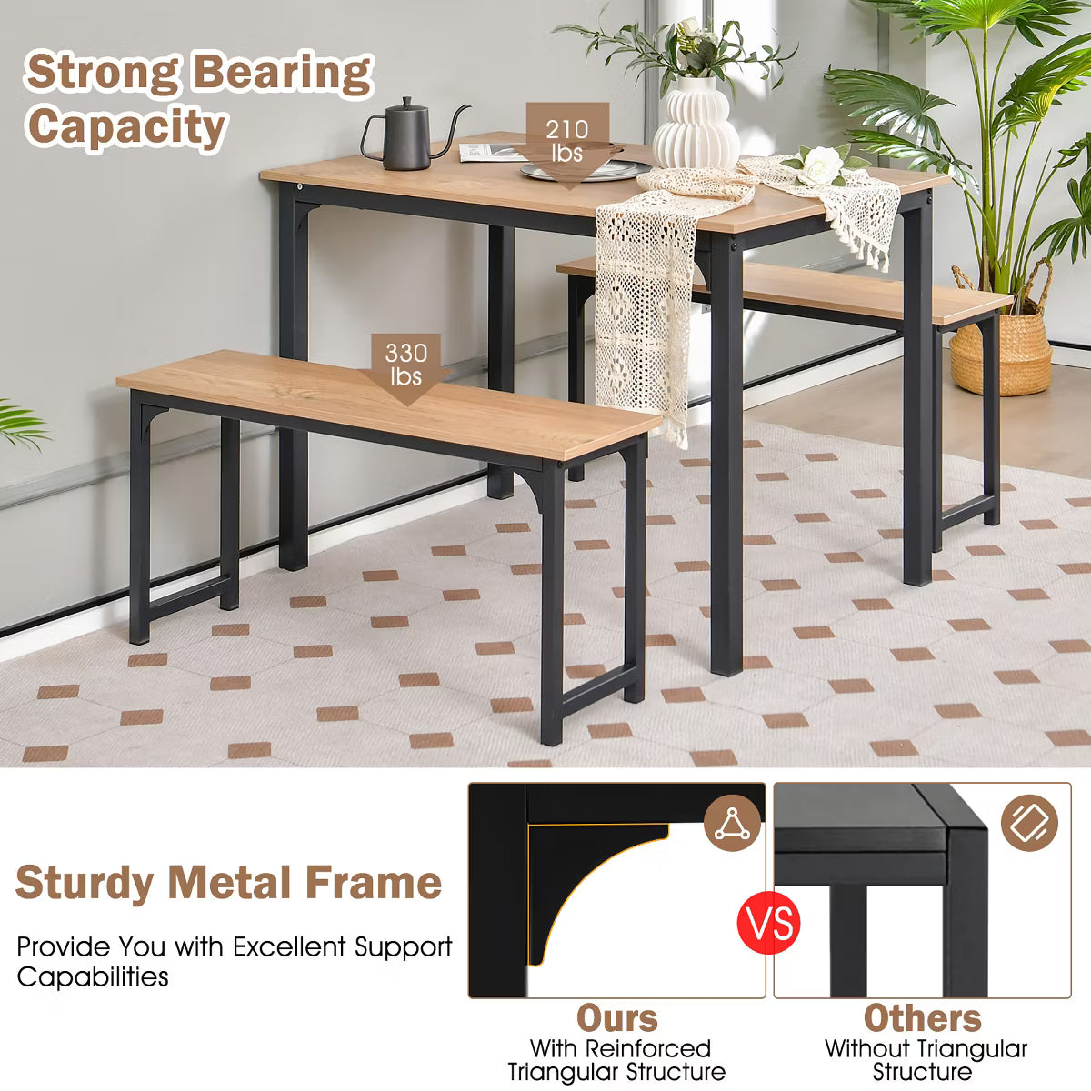 Modern 3 PCS Dining Table Bench Set w/ Metal Frame & Wooden Tabletop Natural