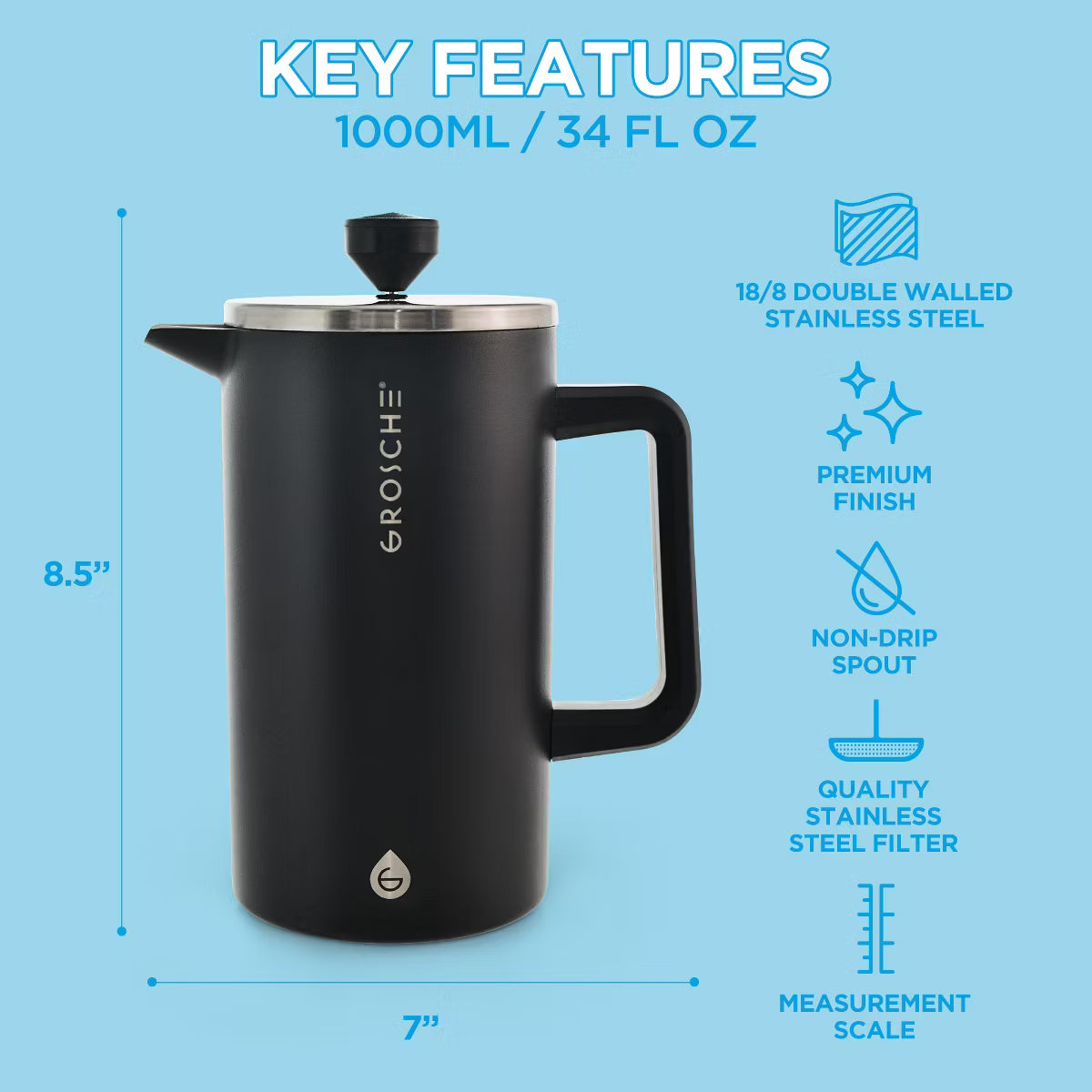 French Press – Culinvaro Stainless Steel Double Wall Insulated French Press, 34 fl oz. Capacity