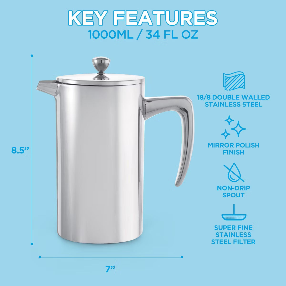 French Press – Culinvaro Stainless Steel Double Wall Insulated French Press, 34 fl oz. Capacity