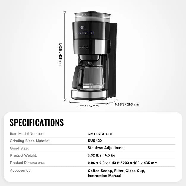 Drip Coffee Maker – Coffee Maker with Grinder, 10 Cup Coffee Machine – Black