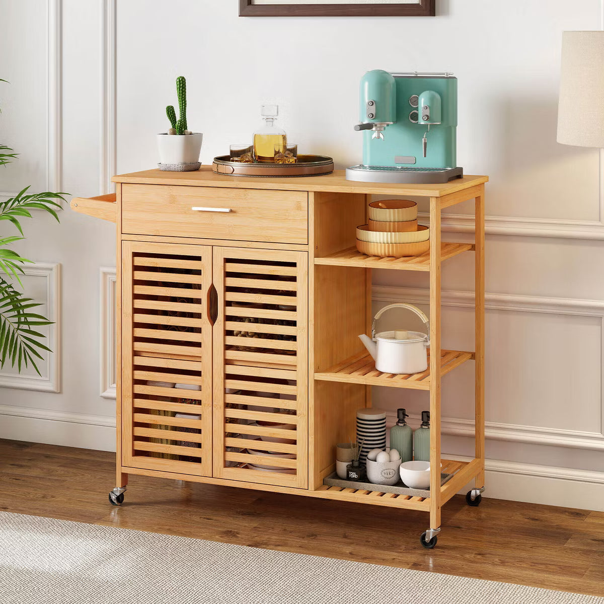 Kitchen Island – Culinvaro 35.5" Kitchen Island Cartwith Lockable Wheels Drawer Open Shelves Towel Bar