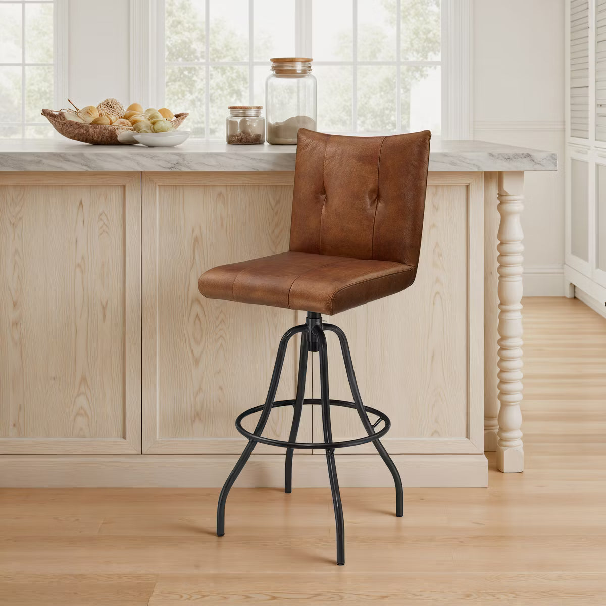 Genuine Leather Industrial-style and Mid-century Modern Counter Height Barstool