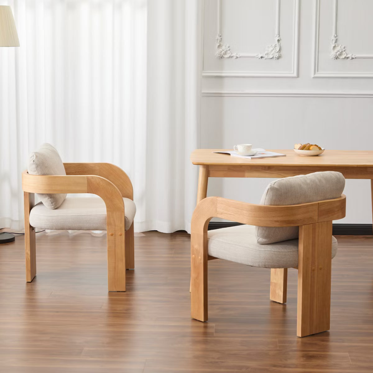 Set of 2 Modern Beige Dining Chairs with Black Wood Frame,