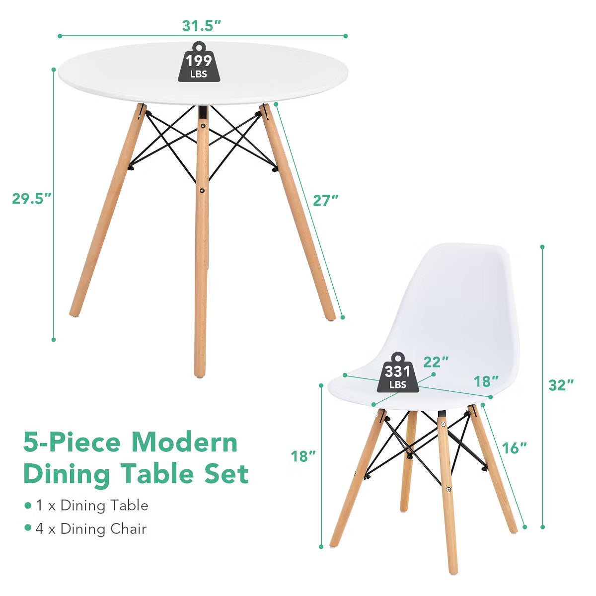 Dining Set – Culinvaro Dining Table Set Modern 5 PCS For 4 Round Dining Room Table Set with Solid Wood Leg