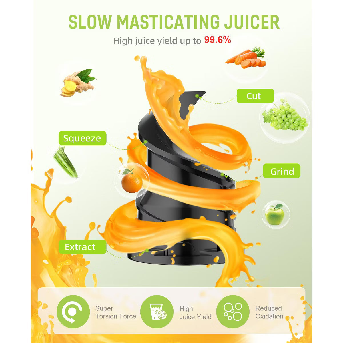 Juicer – Masticating Slow Juicer with Wide 3.2 Inch Feed Chute and Quiet 180W – Black