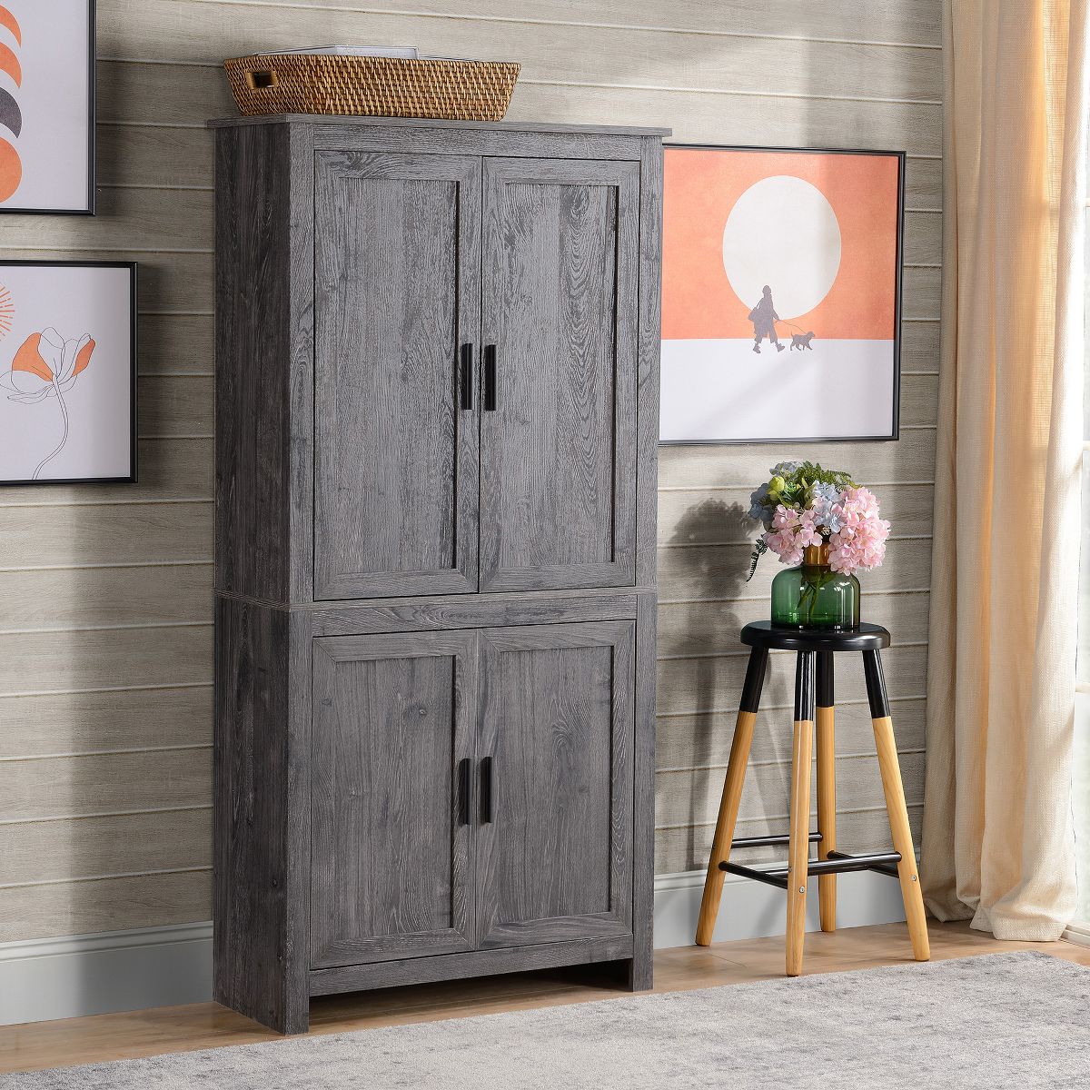 Pantry Cabinet – Culinvaro 4-Door Kitchen Pantry, Freestanding Storage Cabinet with 3 Adjustable Shelves for Kitchen, Dining or Living Room, Gray