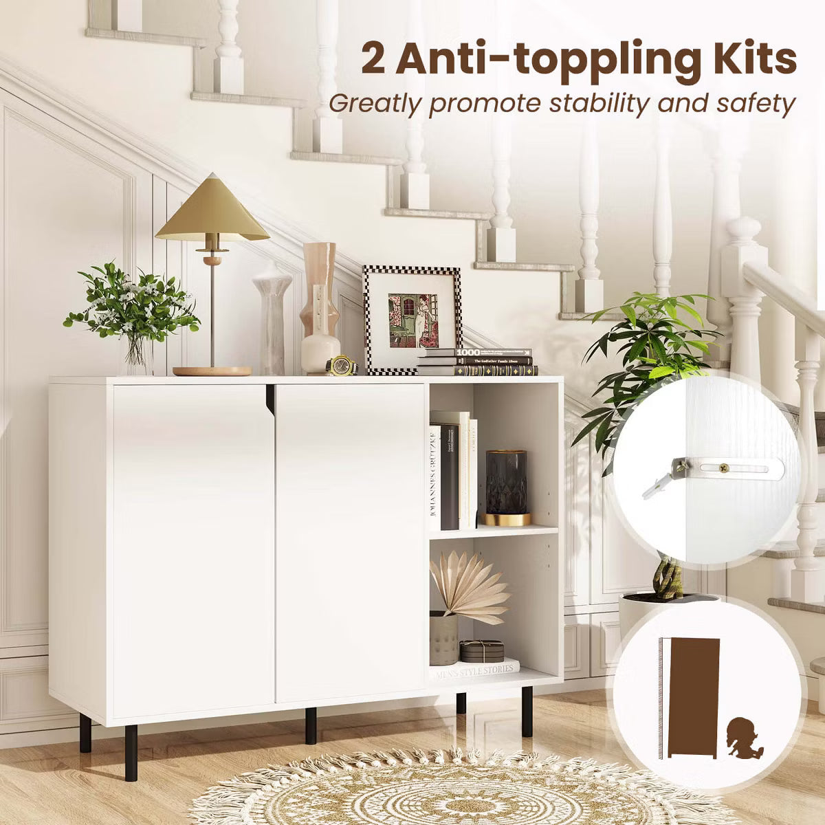 Buffet Cabinet – Culinvaro Kitchen Sideboard Buffet with Adjustable Shelves 2 Doors Sturdy Metal Legs White