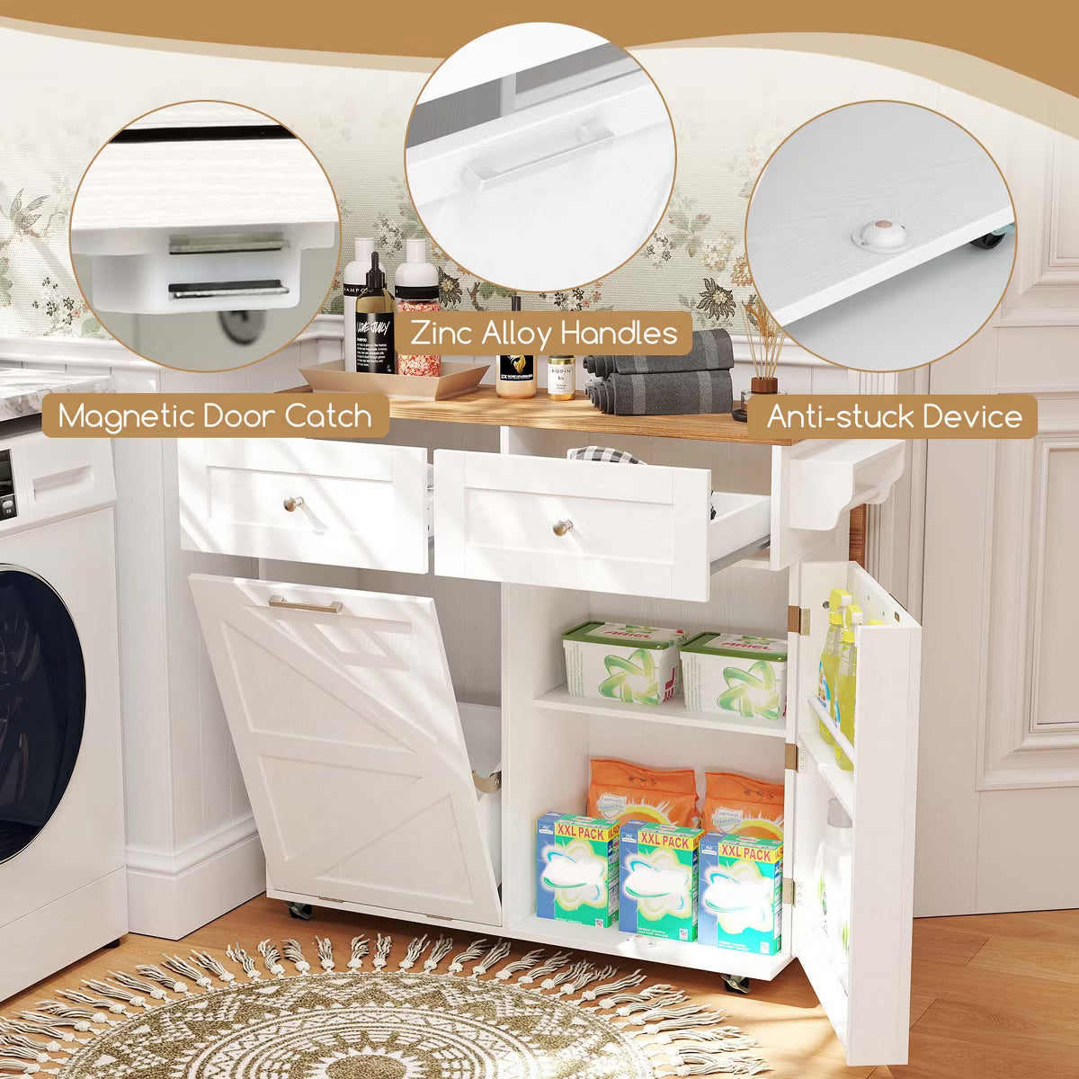 Rolling Kitchen Island Kitchen Island Cart with Drop Leaf Trash Can Cabinet White