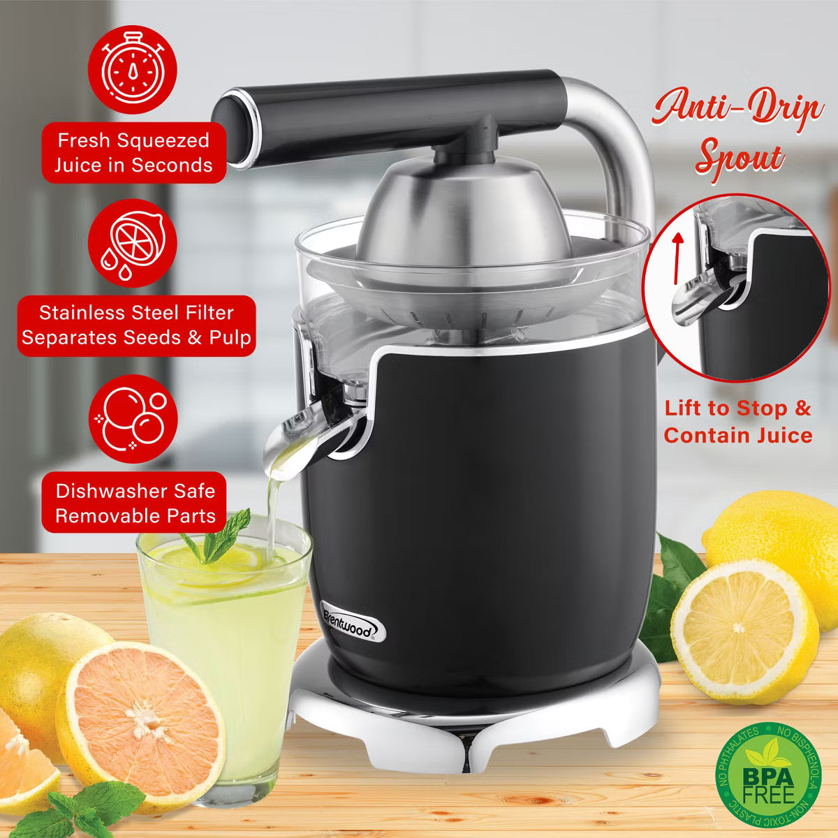Juicer – 200-Watt 1-Speed Electric Citrus Juicer with 2 Cones and Lever – Sky Blue
