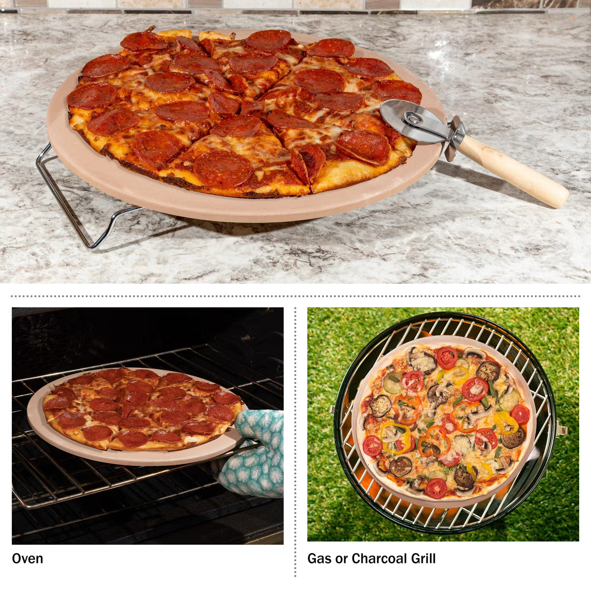 Pizza Stone – Pizza Stone with Cutter and Rack – Beige
