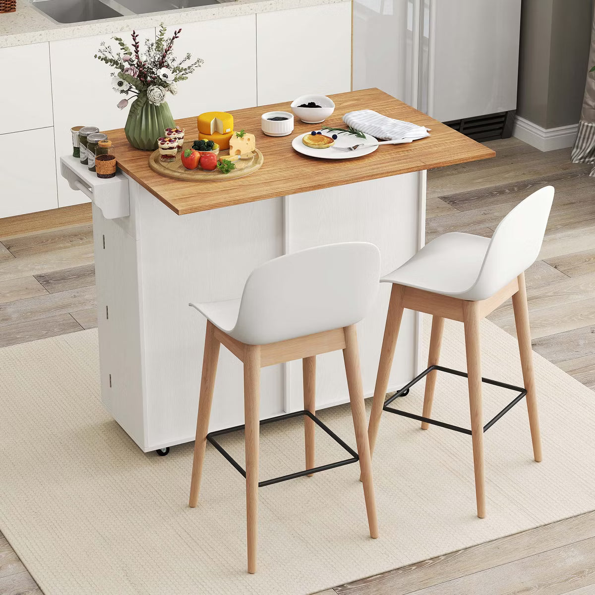 Rolling Kitchen Island Kitchen Island Cart with Drop Leaf Trash Can Cabinet White