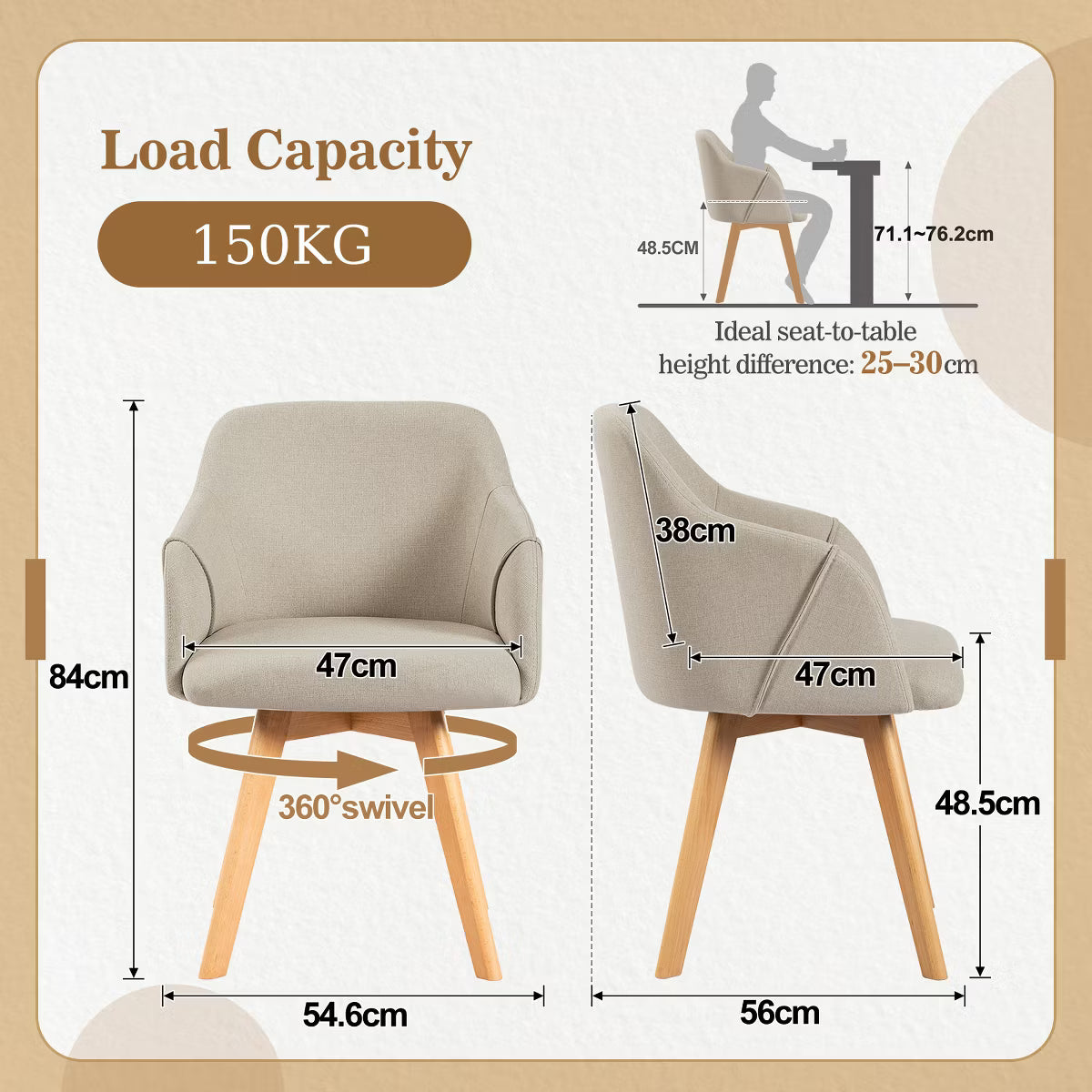 Swivel Dining Chairs Set of 2, Linen Upholstered Armchairs with Solid Wood Legs