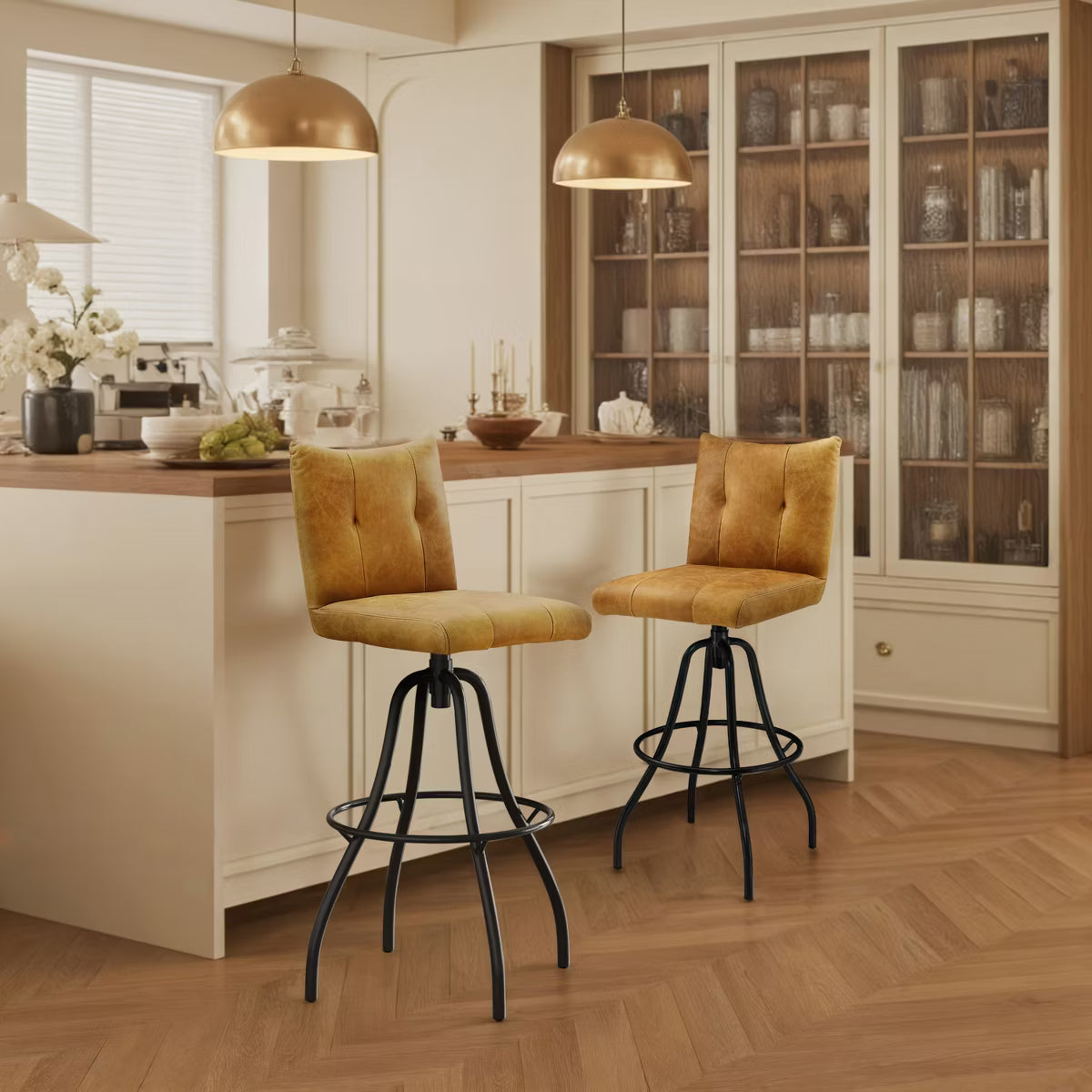Genuine Leather Industrial-style and Mid-century Modern Counter Height Barstool