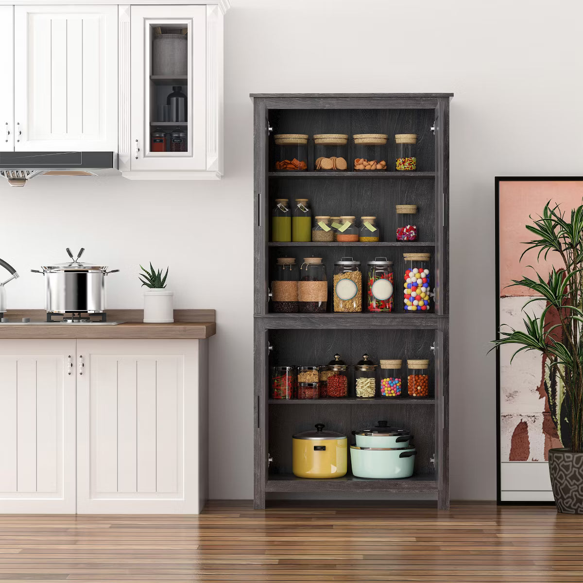 Pantry Cabinet – Culinvaro 4-Door Kitchen Pantry, Freestanding Storage Cabinet with 3 Adjustable Shelves for Kitchen, Dining or Living Room, Gray