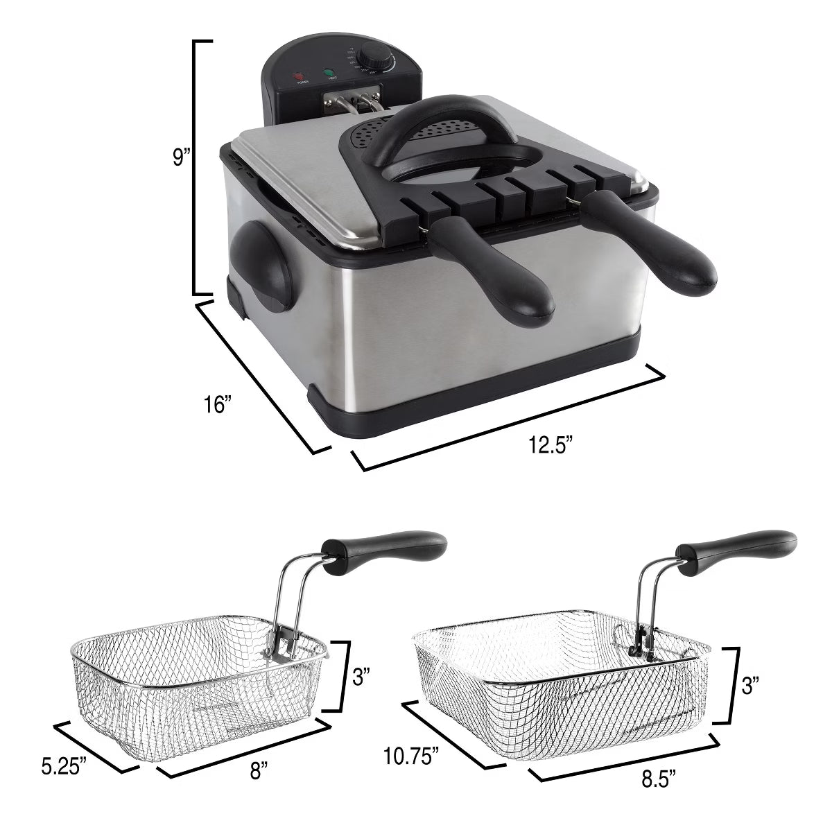 Deep Fryer – Electric Oil Cooker with 1 Large & 2 Small Baskets – Silver