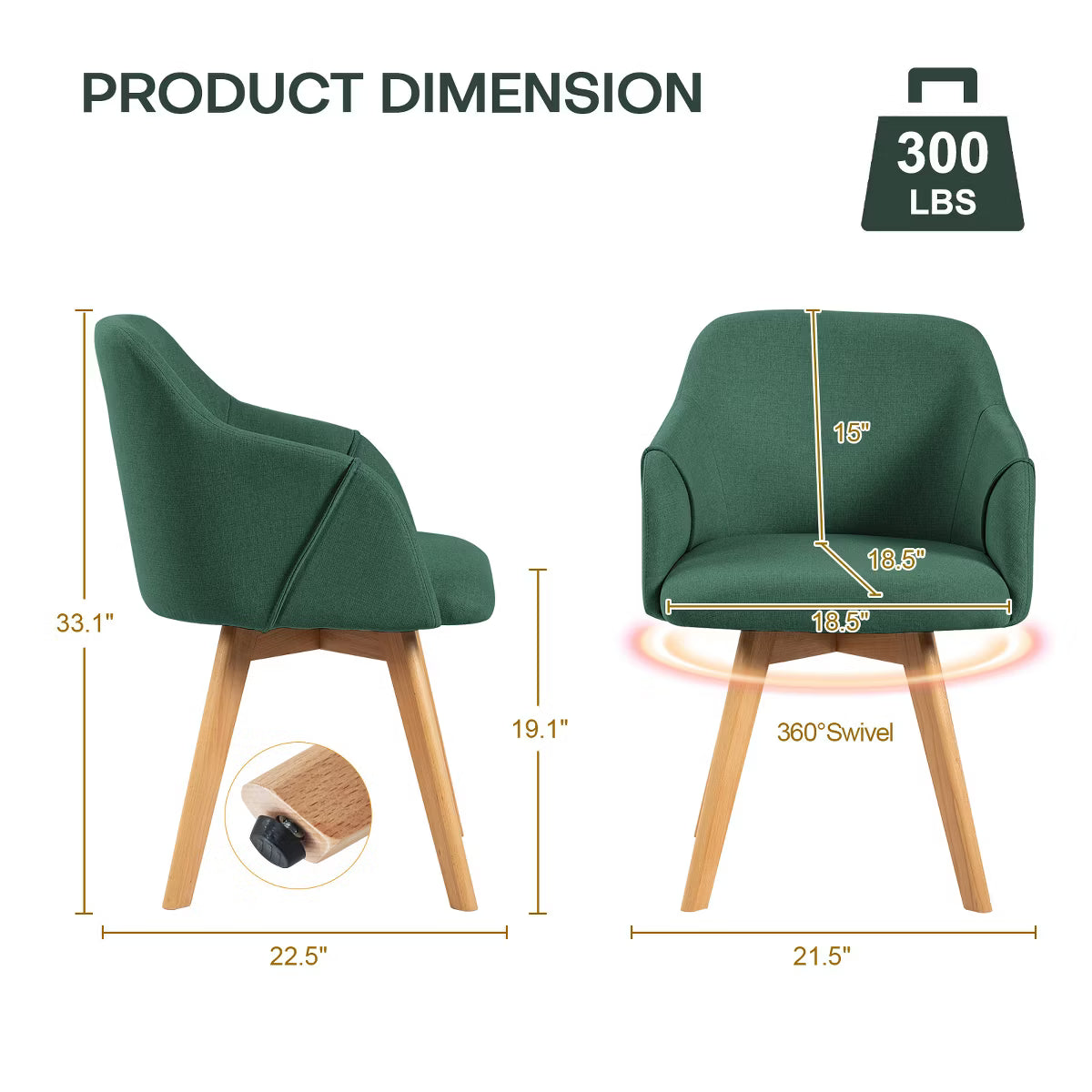 Swivel Dining Chairs Set of 2, Linen Upholstered Armchairs with Solid Wood Legs
