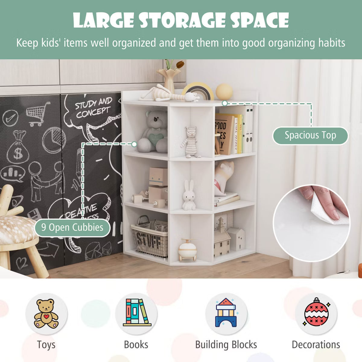 -Tier Kids Corner Toy Storage Organizer with USB Ports and Outlets 9 Cubbies White