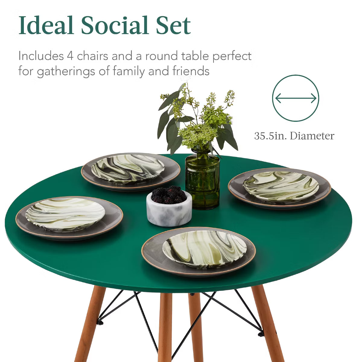 Dining Set – Culinvaro 5-Piece Compact Mid-Century Modern Dining Set w/ 4 Chairs" Dark Green/Walnut