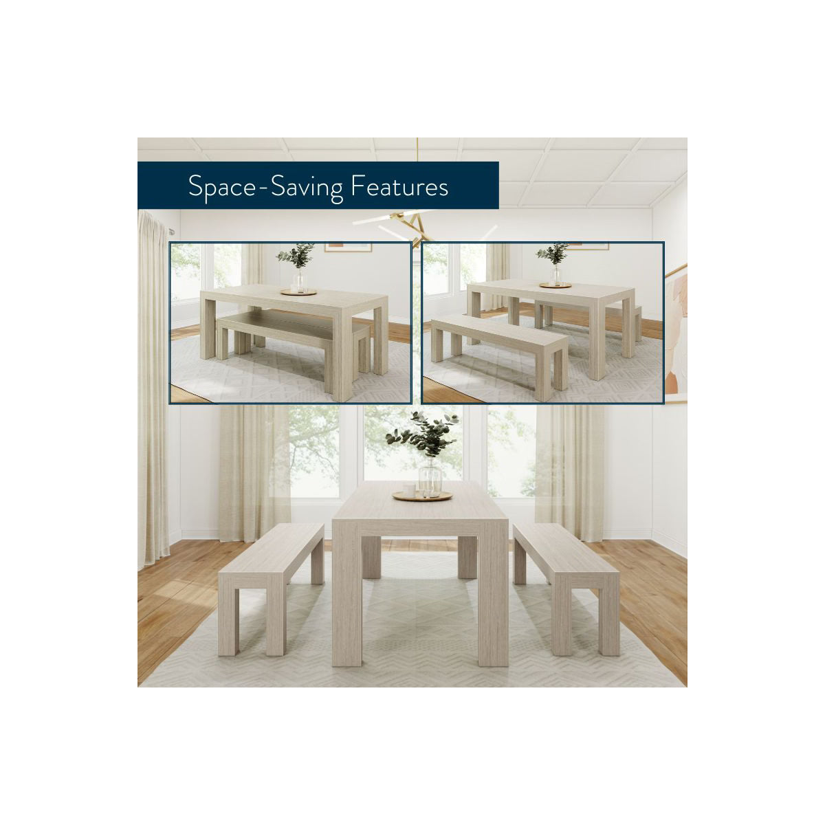 Solid Wood Modern Dining Table Set with 2 Benches for 6