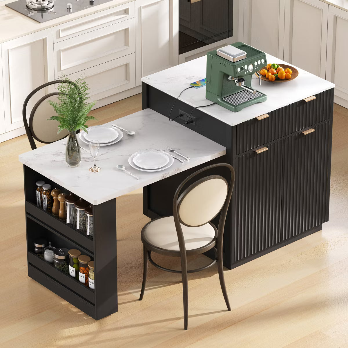 Extendable Kitchen Island Storage Dining Table with 2 Drawers