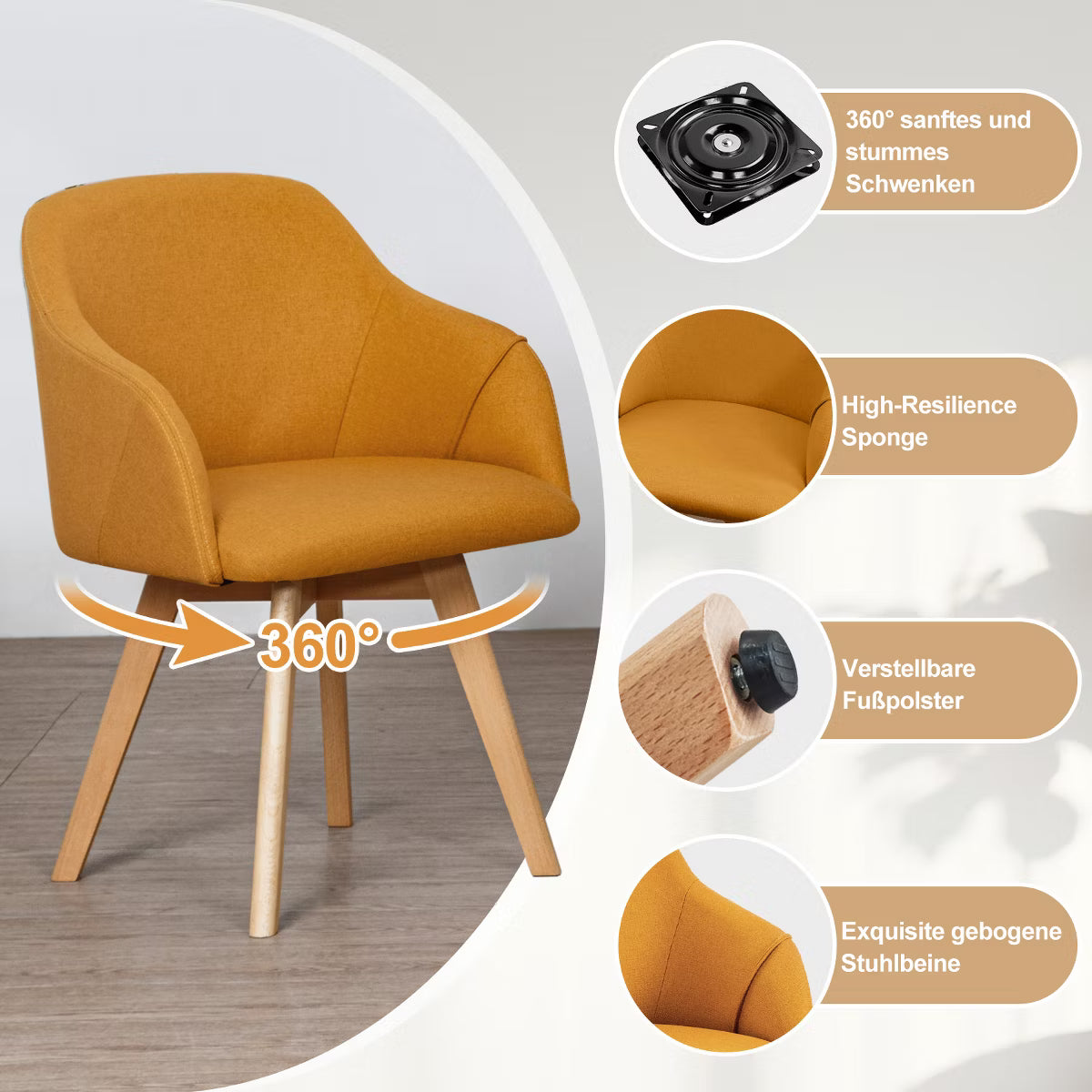 Swivel Dining Chairs Set of 2, Linen Upholstered Armchairs with Solid Wood Legs