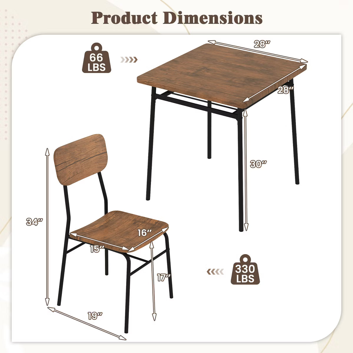 Dining Set – Culinvaro 3-Piece Wood Square Kitchen Table & Chair Set w/ Metal Frame Storage Rack