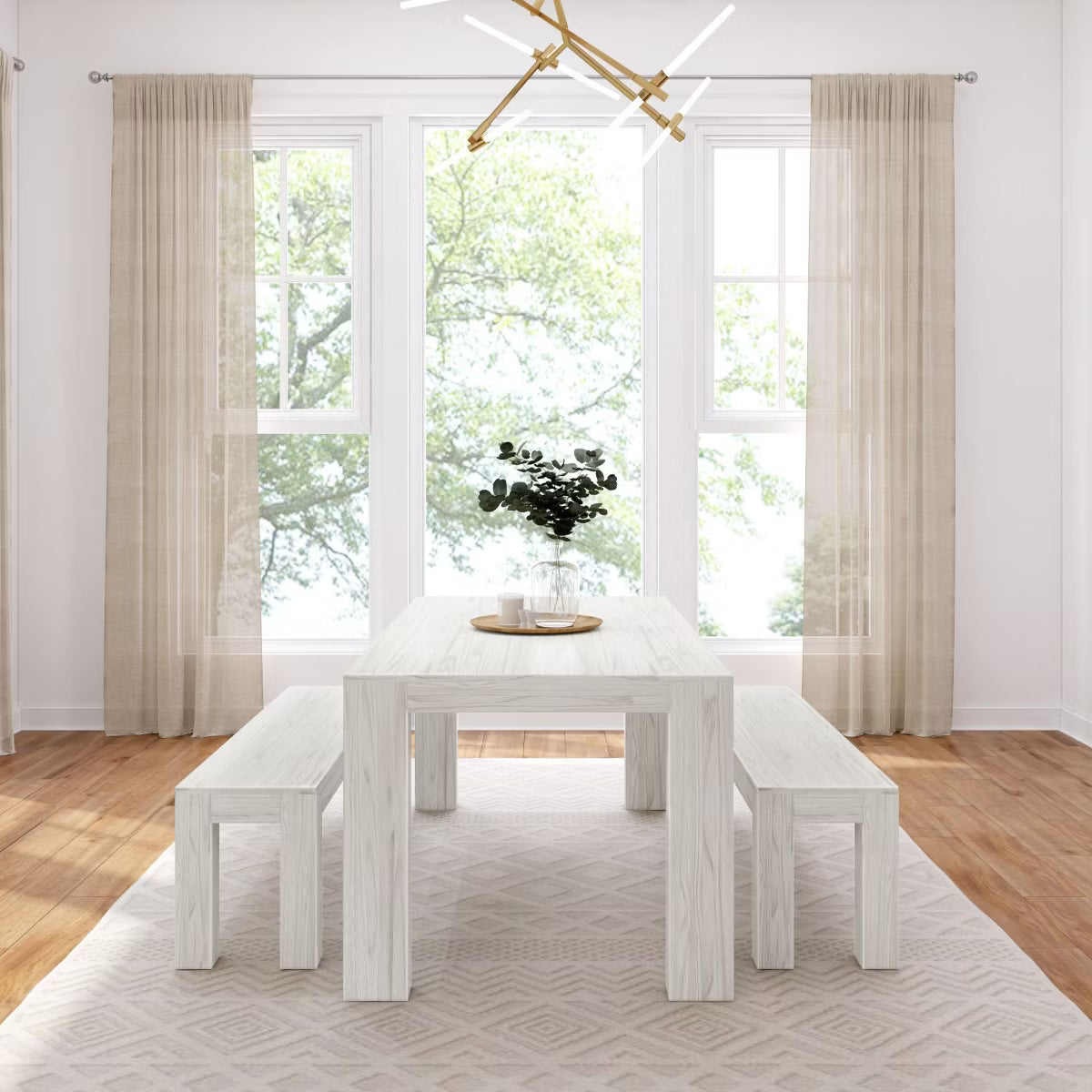 Solid Wood Modern Dining Table Set with 2 Benches for 6