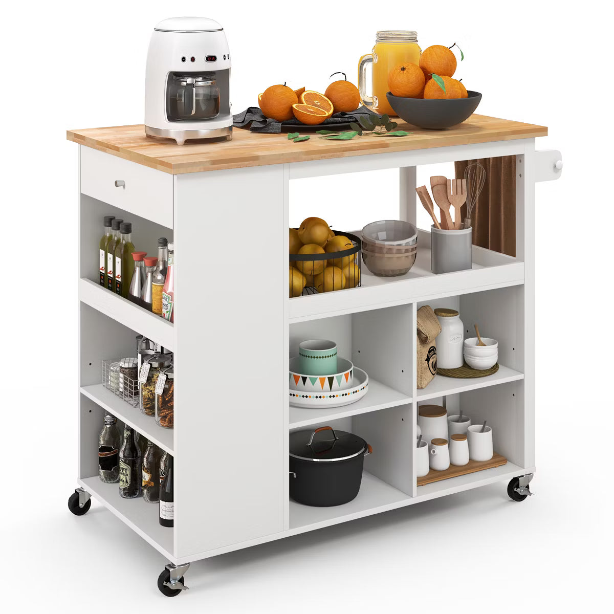 Kitchen Island – Culinvaro Kitchen Island Trolley Cart on Wheels with Storage Open Shelves & Drawer White