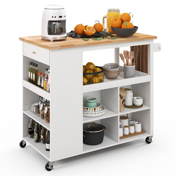 Kitchen Island – Culinvaro Kitchen Island Trolley Cart on Wheels with Storage Open Shelves & Drawer White