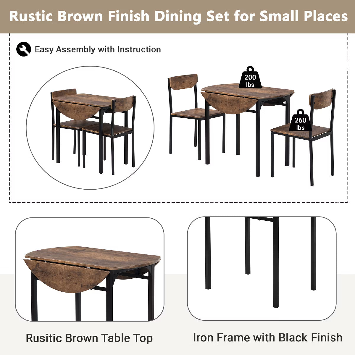 3 Pieces Metal Round Dining Table Set with Drop Leaf
