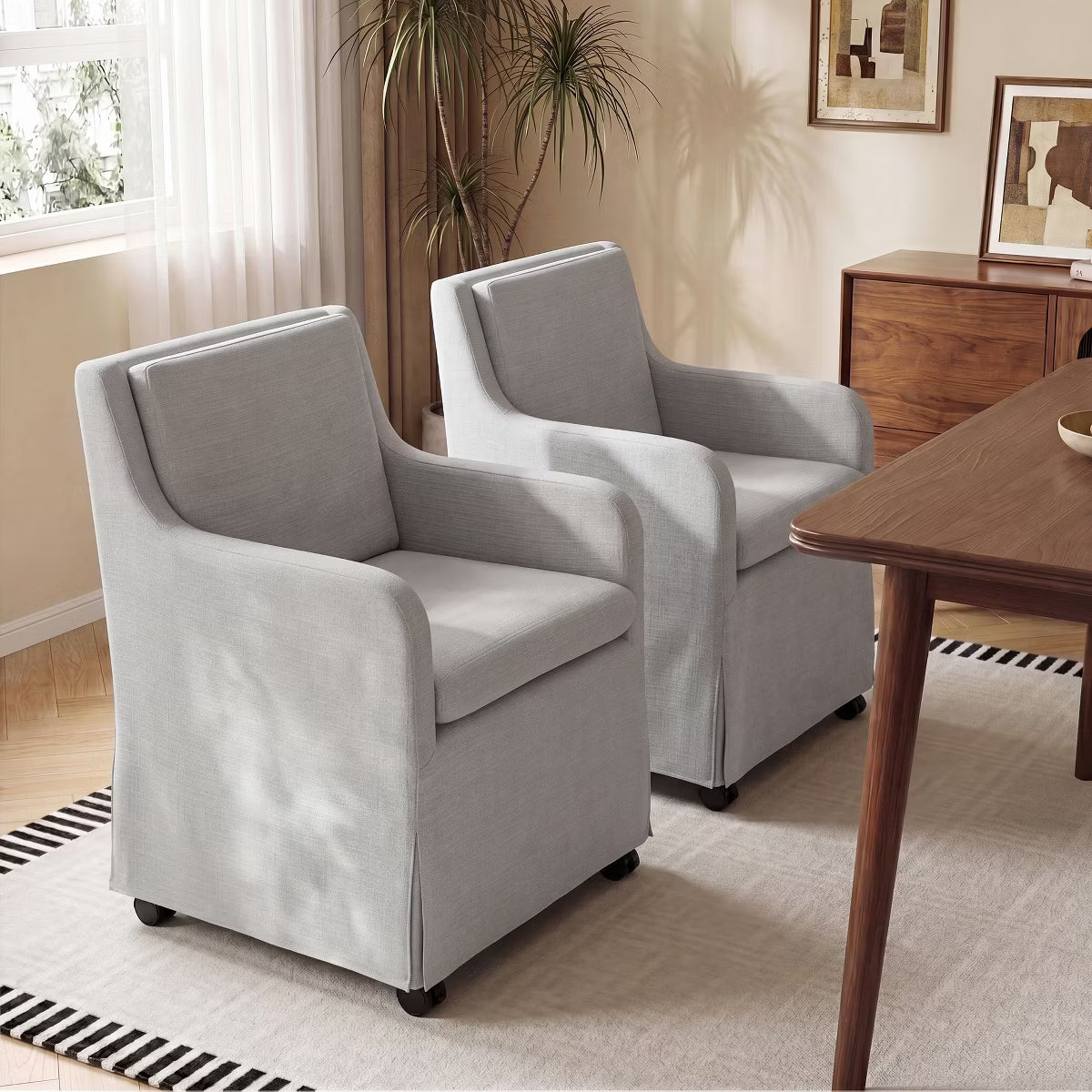 Set of 6 Upholstered Dining Chairs with Casters, Removable Seat Cushion