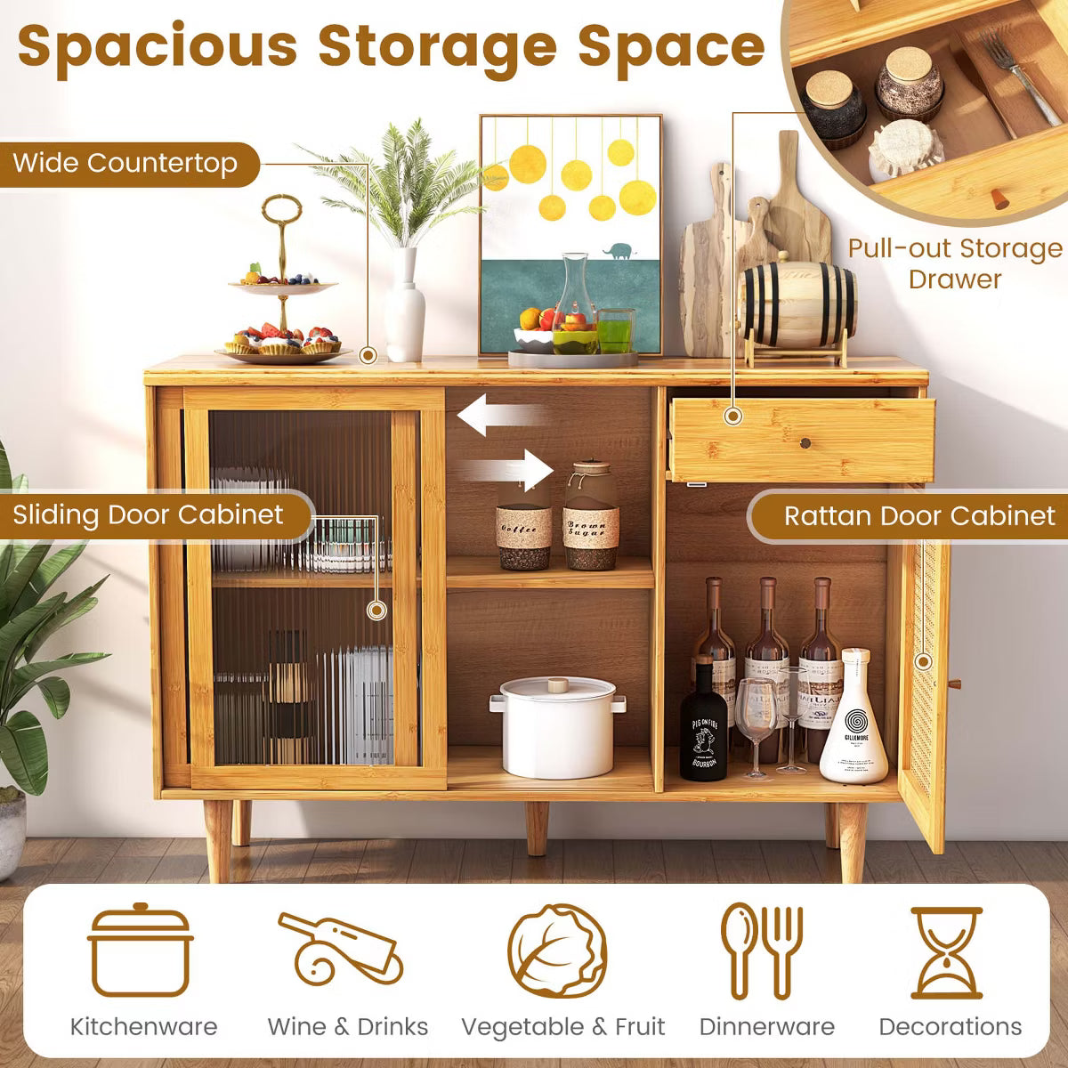Buffet Cabinet – Culinvaro Buffet Sideboard Cabinet Rattan Console Table with Sliding Doors Storage Drawer