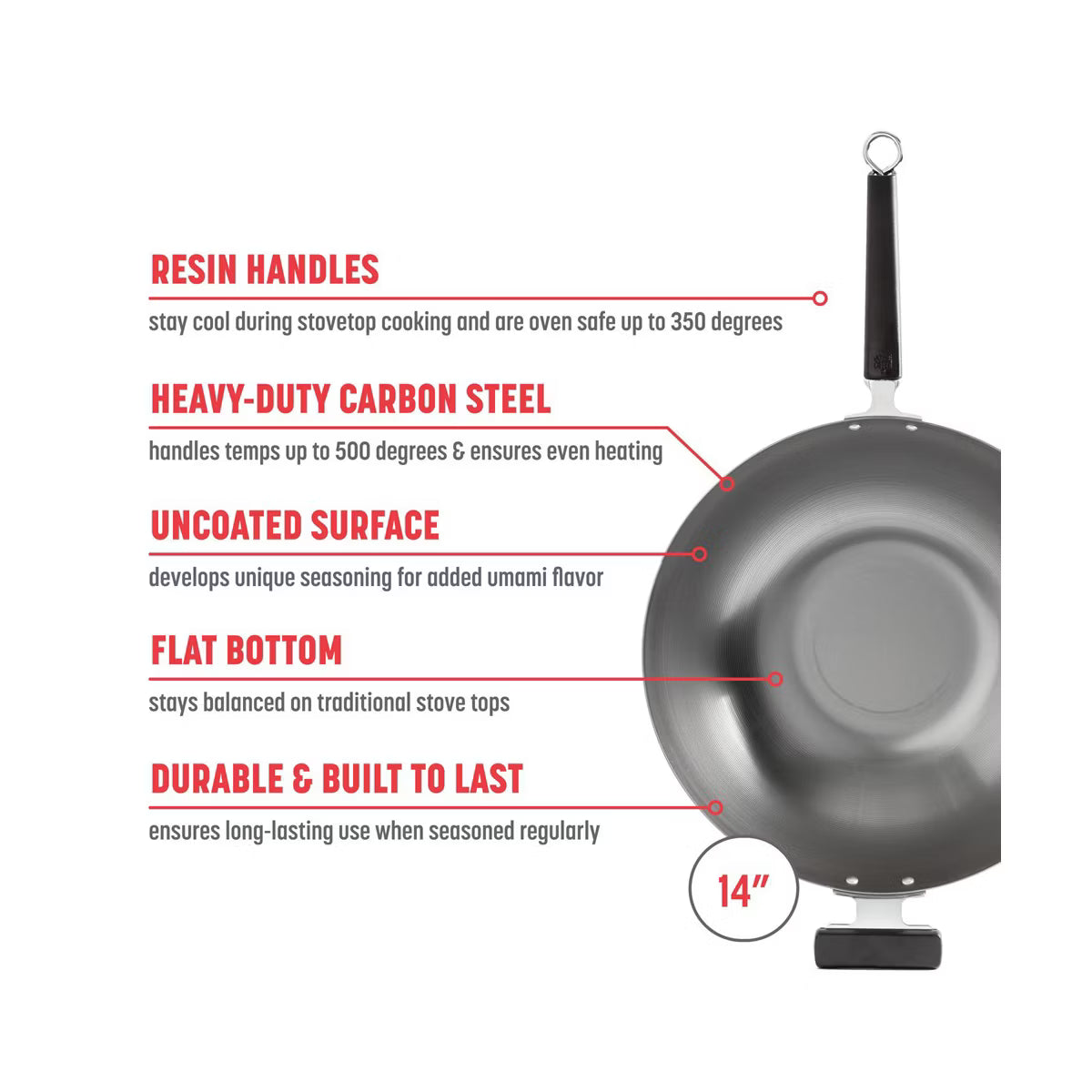 Wok – 14-Inch Uncoated Carbon Steel Flat Bottom Wok – Silver