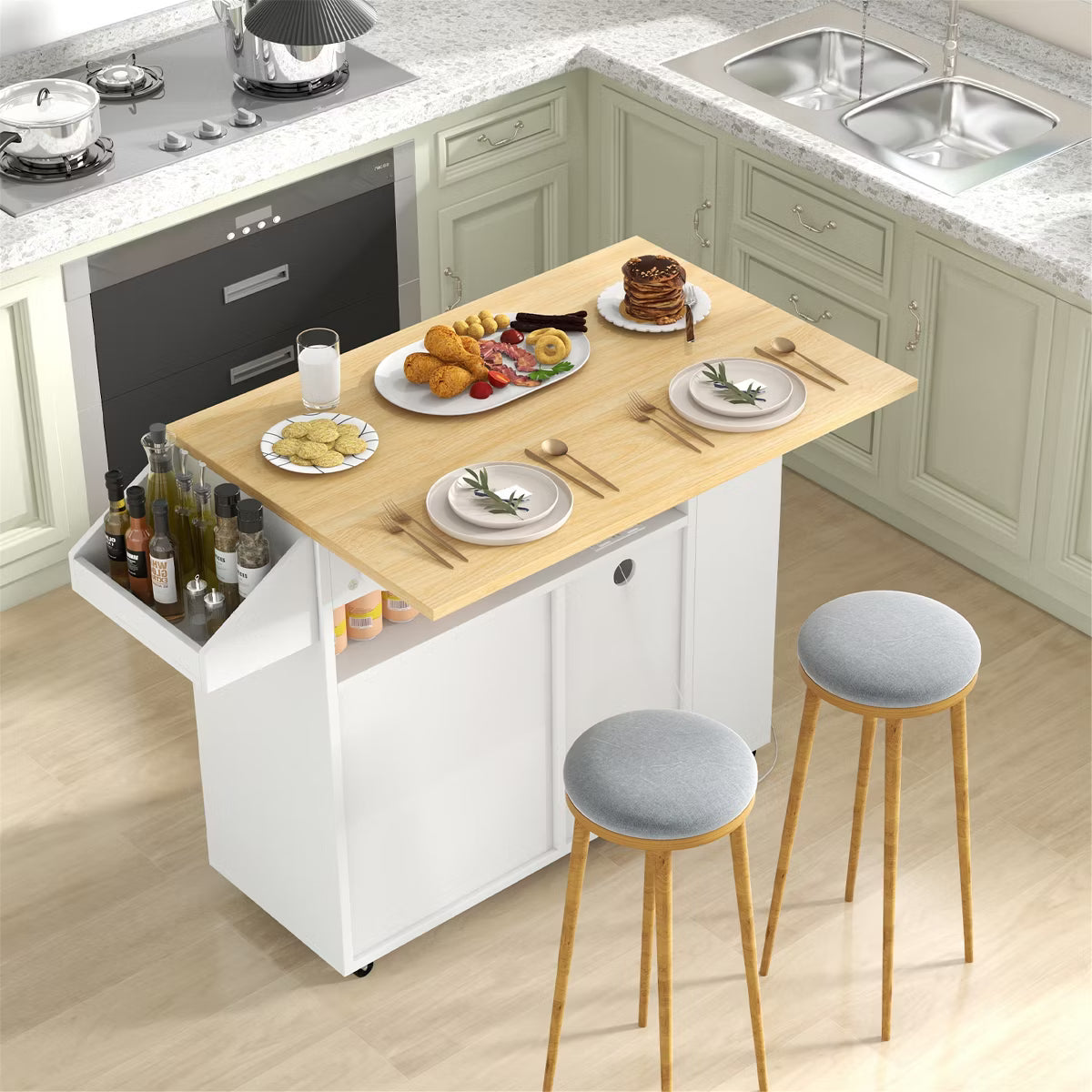 Kitchen Island – Culinvaro Leaf Kitchen Island Cart w/ Power Outlet Drinks Rack Glass Holder Drawer