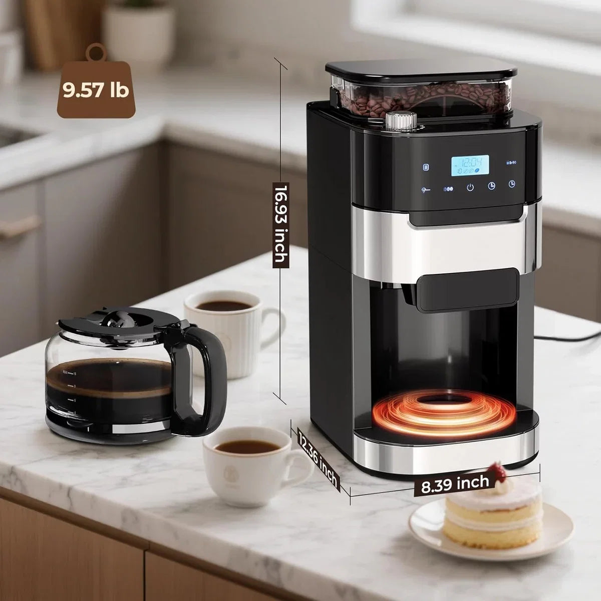 Drip Coffee Maker – 10-Cup Digital Drip Coffee Maker with Built-In Grinder – Black