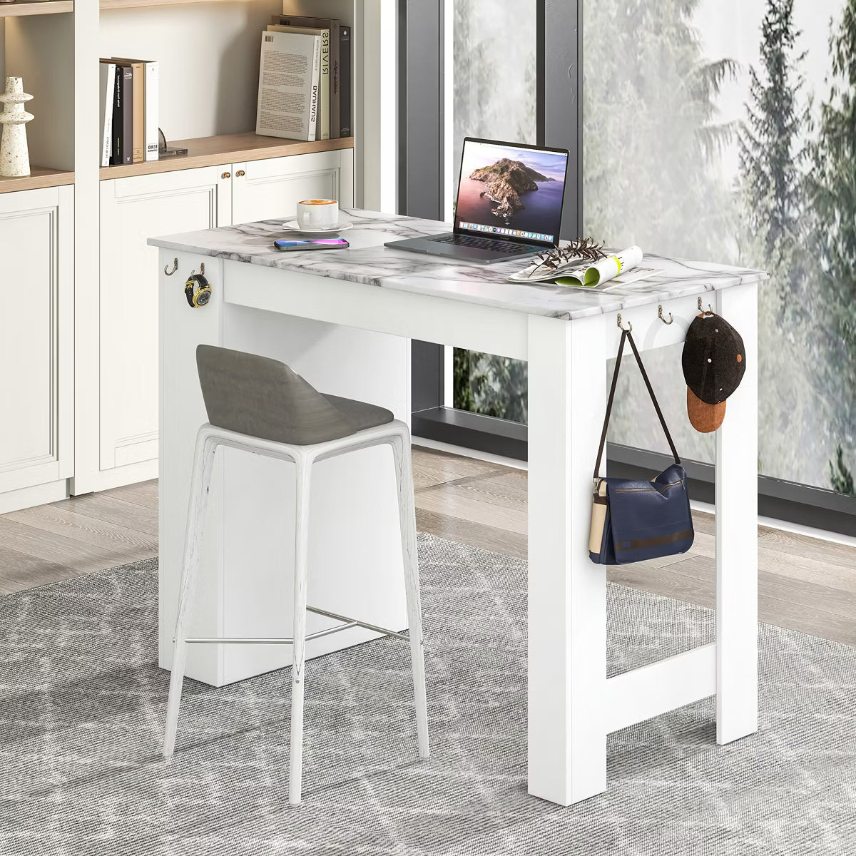 47" Long Counter Height Table Bar Table Faux Marble Pub Table w/ Cabinet