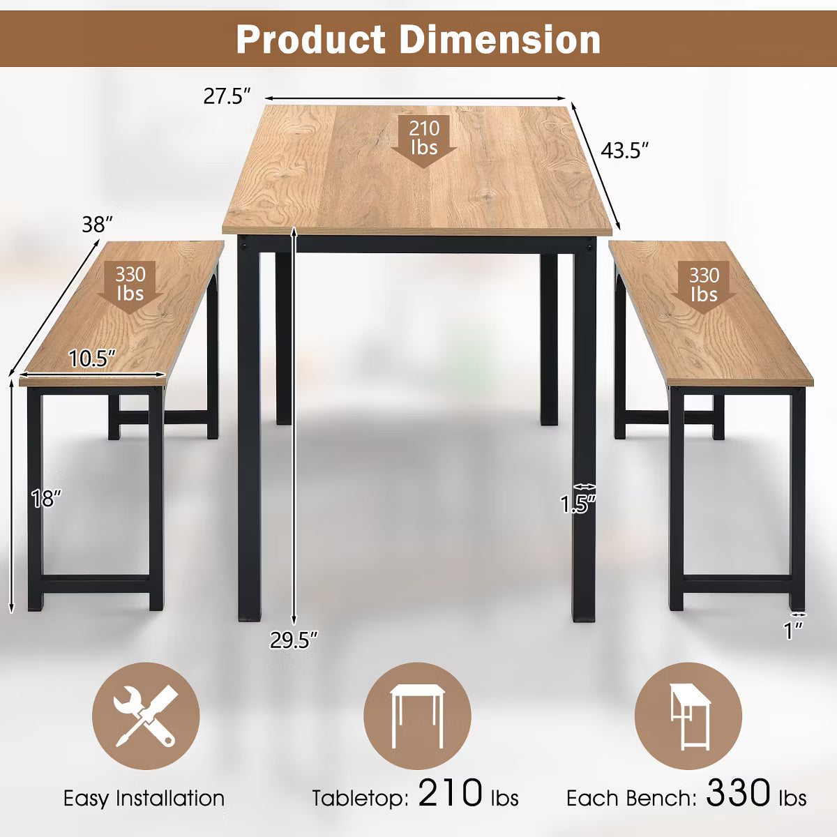 Modern 3 PCS Dining Table Bench Set w/ Metal Frame & Wooden Tabletop Natural