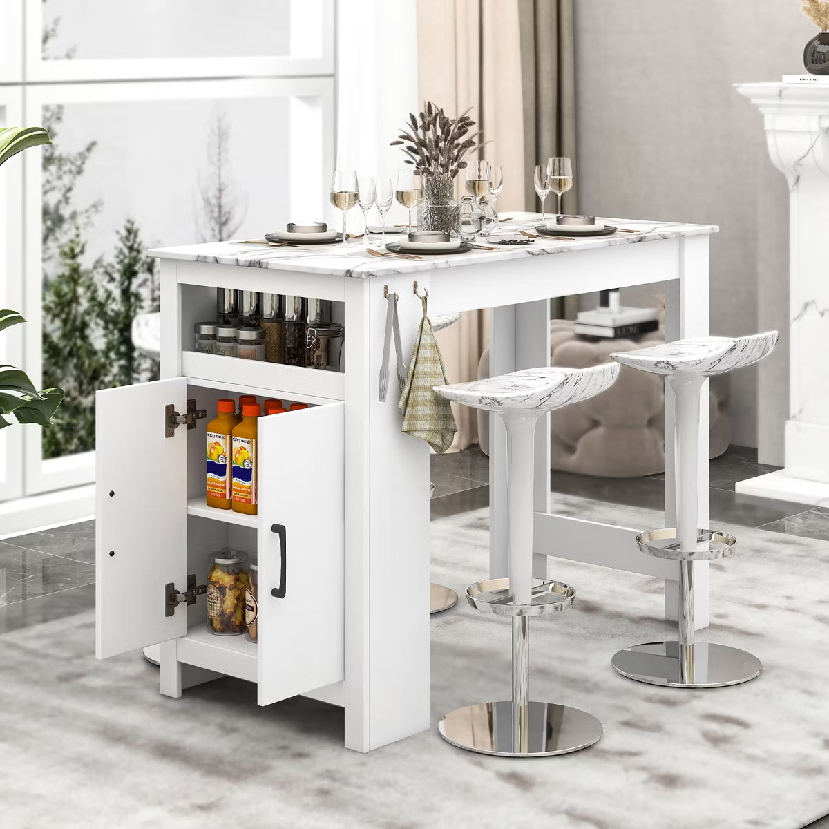 47" Long Counter Height Table Bar Table Faux Marble Pub Table w/ Cabinet