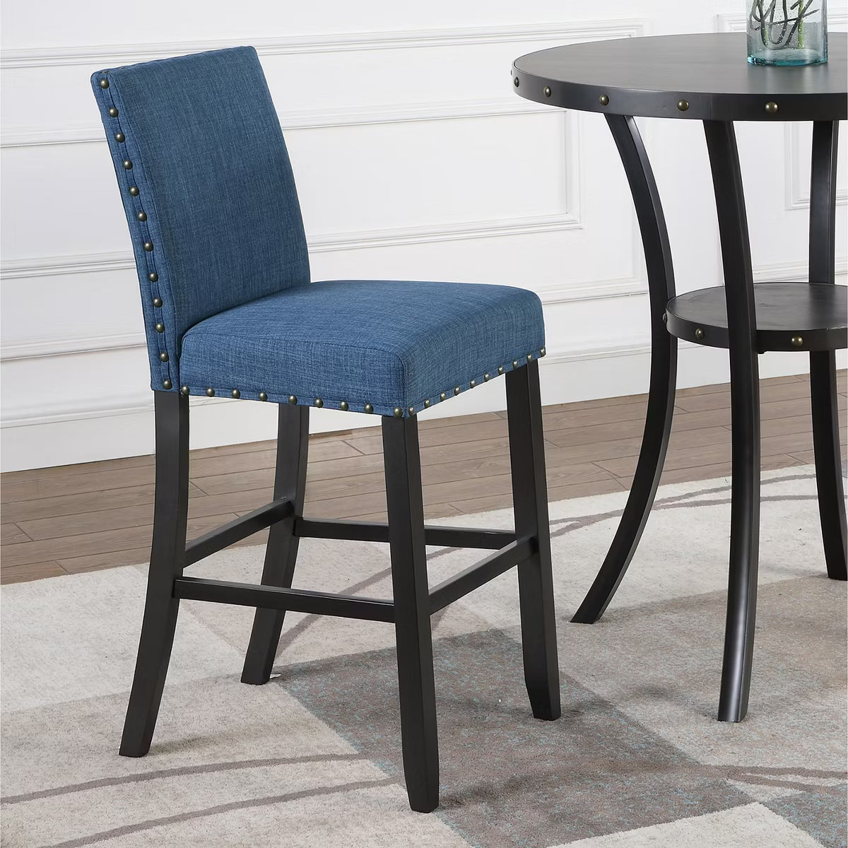 Bar Table – Culinvaro 3-Piece 36" Round Espresso Finish Bar Table with 2 Blue Fabric Nail Head Pub Chairs