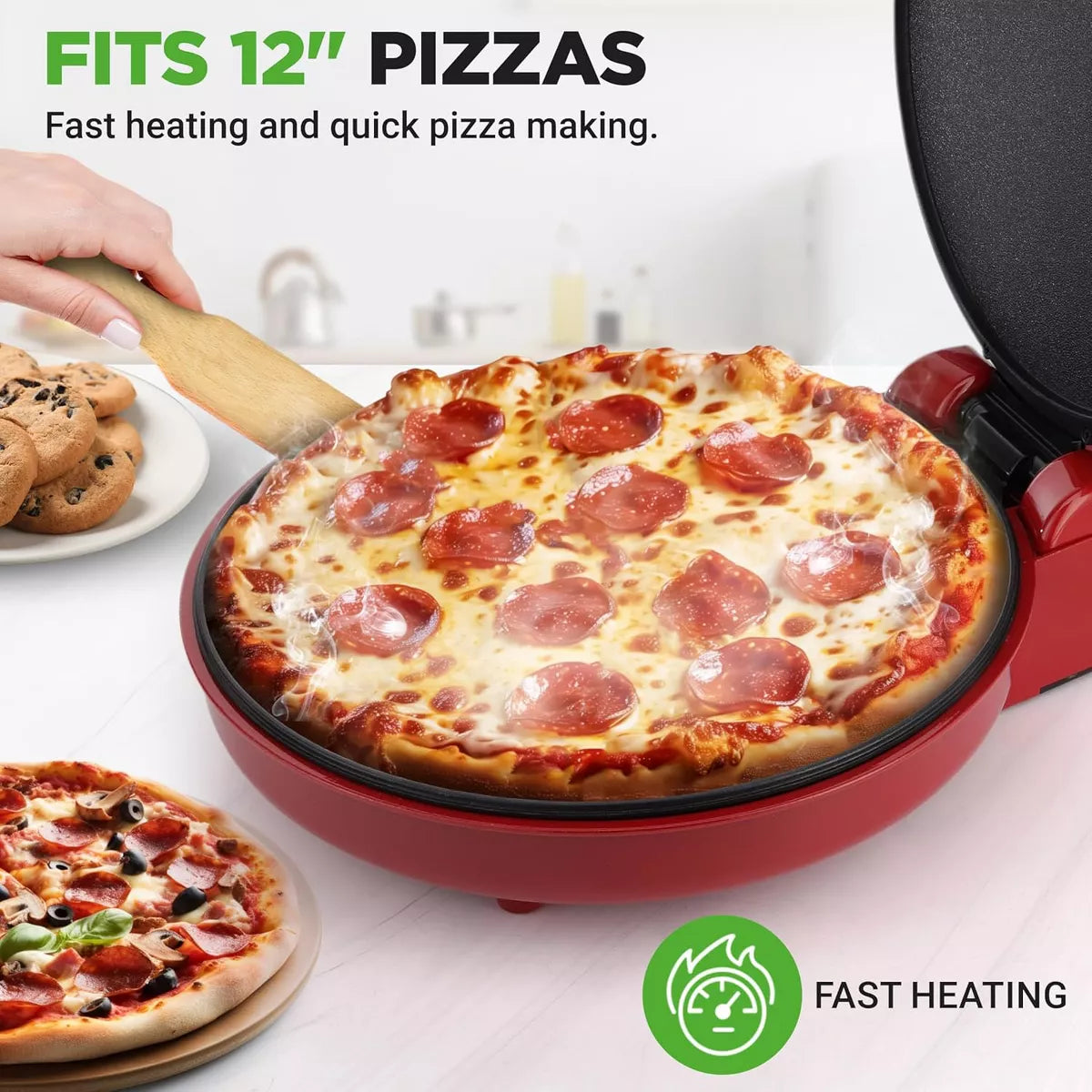 Pizza Oven – Electric Pizza Maker with Non-Stick Plate – Red